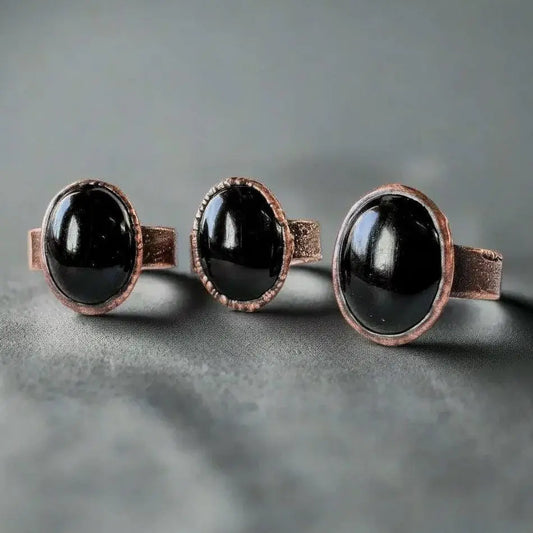 Onyx Statement Ring Handmade Copper Electroformed Boho Jewelry Witchy Black Stone Crystal Gift - BlackbirdSageStudio