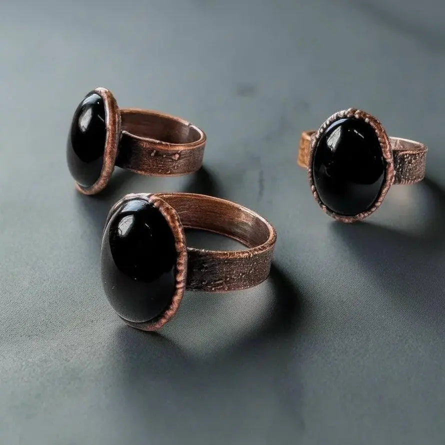 Onyx Statement Ring Handmade Copper Electroformed Boho Jewelry Witchy Black Stone Crystal Gift - BlackbirdSageStudio