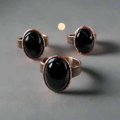 Onyx Statement Ring Handmade Copper Electroformed Boho Jewelry Witchy Black Stone Crystal Gift - BlackbirdSageStudio