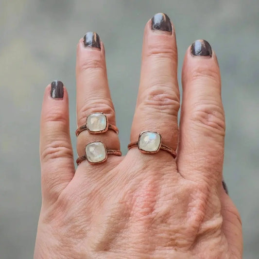 Handmade Moonstone Copper Ring: Electroformed Boho Statement Jewelry - BlackbirdSageStudio