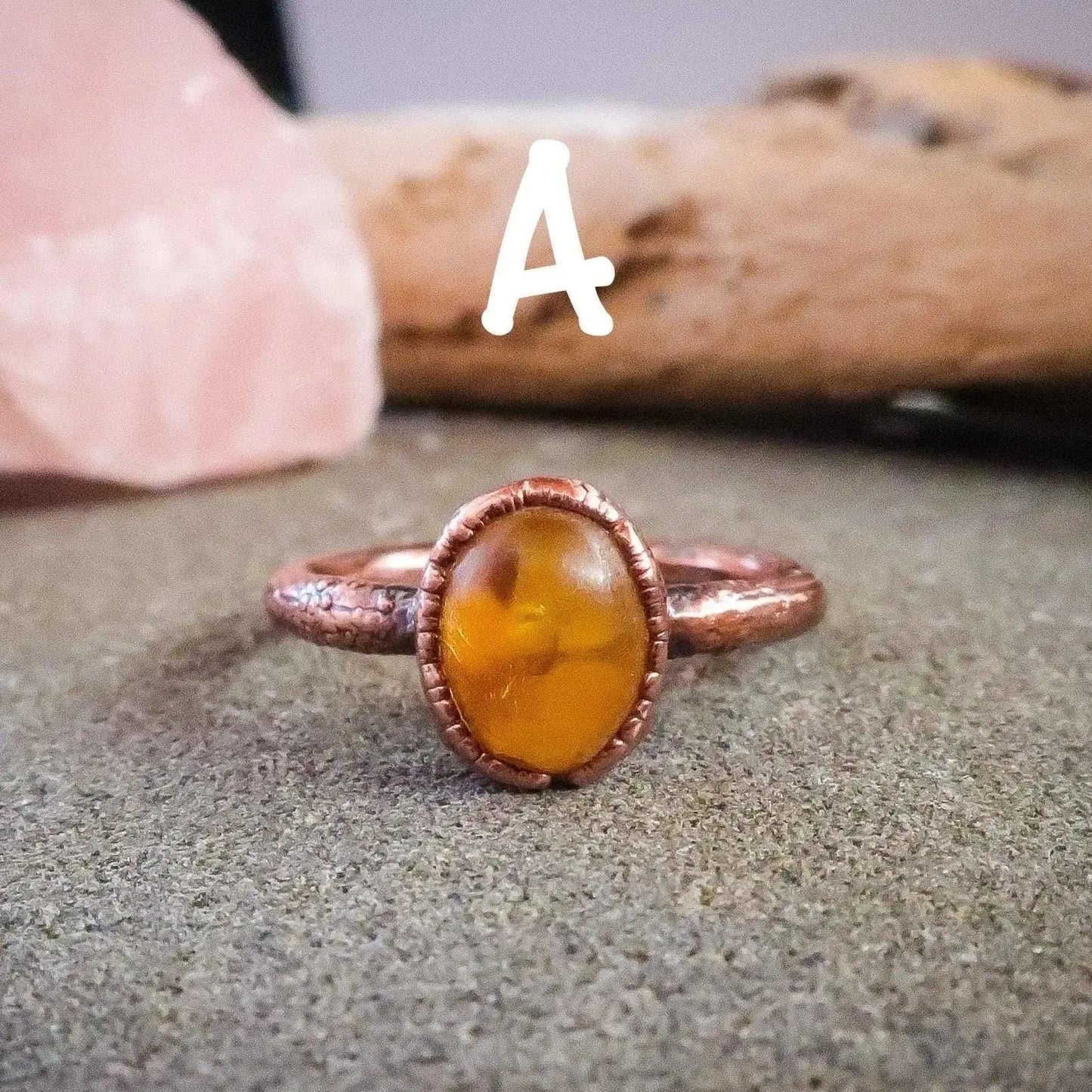 Electroformed Copper Ring: Oval Amber Stone, Handmade (US Size 6, 6.5) - BlackbirdSageStudio