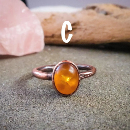 Electroformed Copper Ring: Oval Amber Stone, Handmade (US Size 6, 6.5) - BlackbirdSageStudio