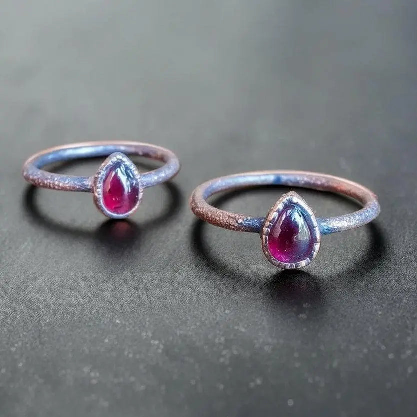 Electroformed Copper Garnet Ring: Pear-Shaped Boho Birthstone, Crystal Jewelry Gift, Holiday Present For Her - BlackbirdSageStudio