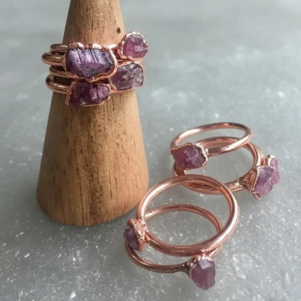 Dainty Raw Pink Tourmaline Copper Ring: Electroformed Stacking Ring - BlackbirdSageStudio