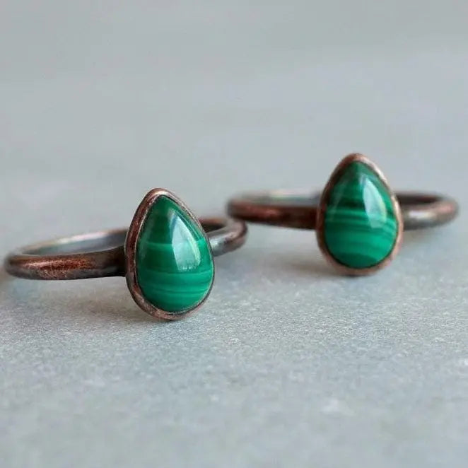 Teardrop Malachite Ring: Electroformed Copper Rustic Jewelry, Crystal Jewelry Gift, Holiday Present For Her - BlackbirdSageStudio