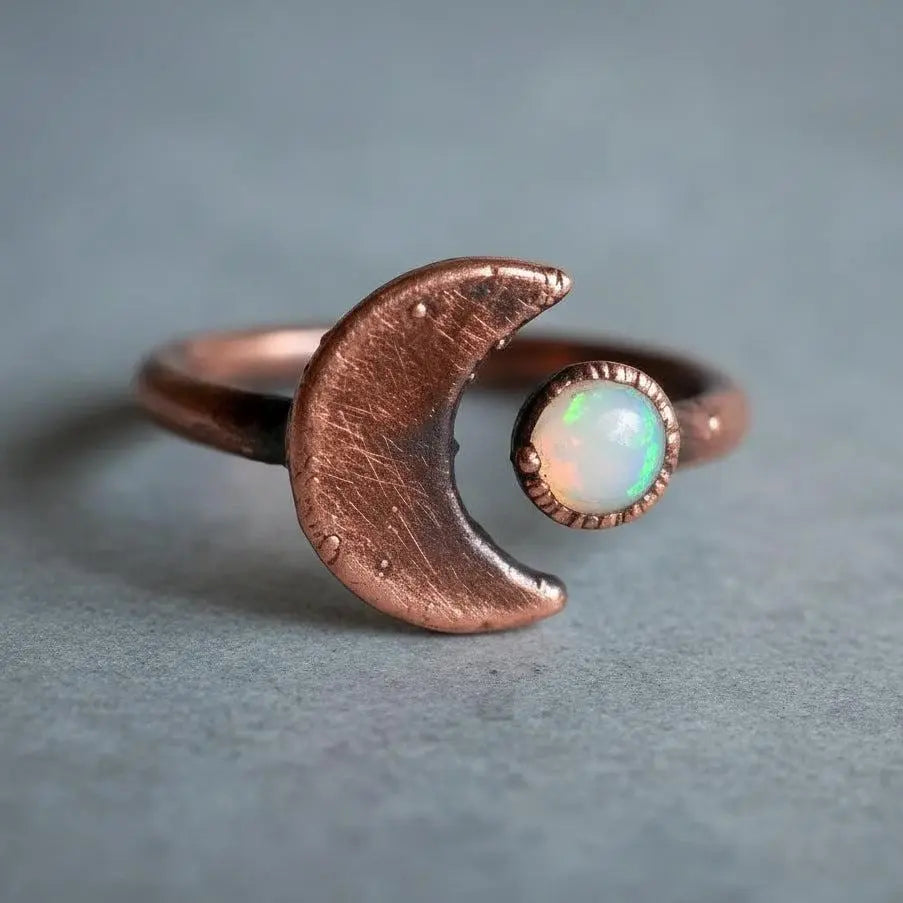 Electroformed Copper Crescent Moon Opal Ring - October Birthstone - BlackbirdSageStudio
