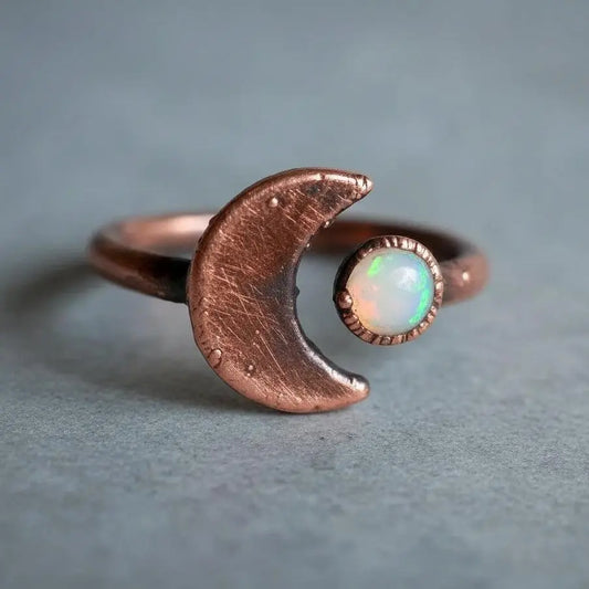 Electroformed Copper Crescent Moon Opal Ring - October Birthstone - BlackbirdSageStudio