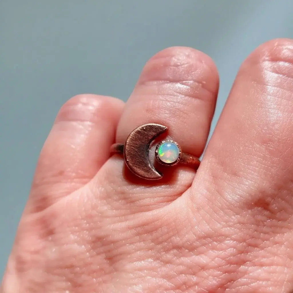Electroformed Copper Crescent Moon Opal Ring - October Birthstone - BlackbirdSageStudio