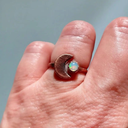 Electroformed Copper Crescent Moon Opal Ring - October Birthstone - BlackbirdSageStudio