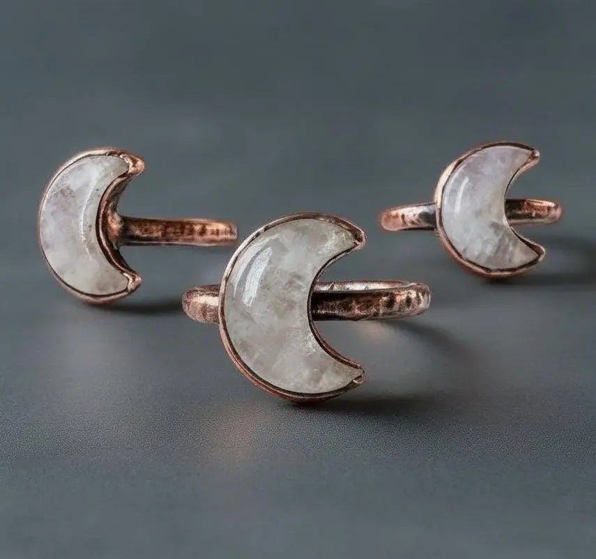 Kunzite Crescent Moon Ring: Electroformed Copper Boho Jewelry - BlackbirdSageStudio