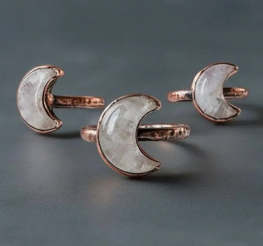 Kunzite Crescent Moon Ring: Electroformed Copper Boho Jewelry - BlackbirdSageStudio