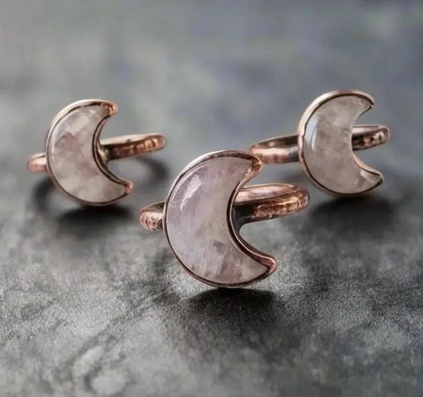 Kunzite Crescent Moon Ring: Electroformed Copper Boho Jewelry - BlackbirdSageStudio