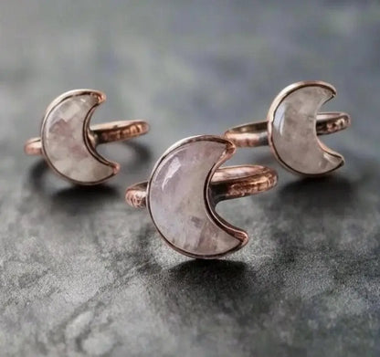 Kunzite Crescent Moon Ring: Electroformed Copper Boho Jewelry - BlackbirdSageStudio
