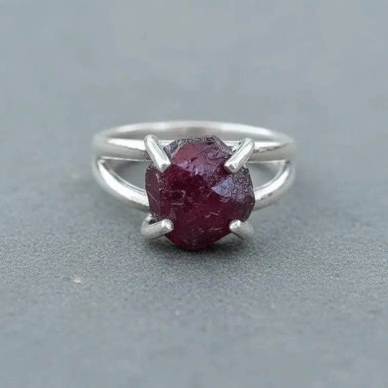 Raw Garnet Sterling Silver Ring: Prong Set January Birthstone - BlackbirdSageStudio