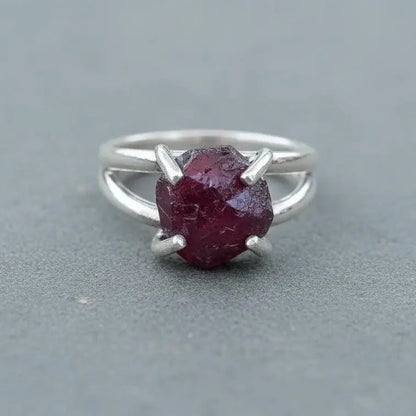Raw Garnet Sterling Silver Ring: Prong Set January Birthstone - BlackbirdSageStudio