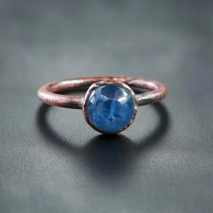 Electroformed Copper Ring: Blue Kyanite Round Stone, Boho Jewelry - BlackbirdSageStudio