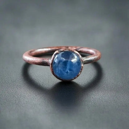 Electroformed Copper Ring: Blue Kyanite Round Stone, Boho Jewelry - BlackbirdSageStudio
