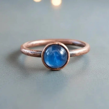 Electroformed Copper Ring: Blue Kyanite Round Stone, Boho Jewelry - BlackbirdSageStudio