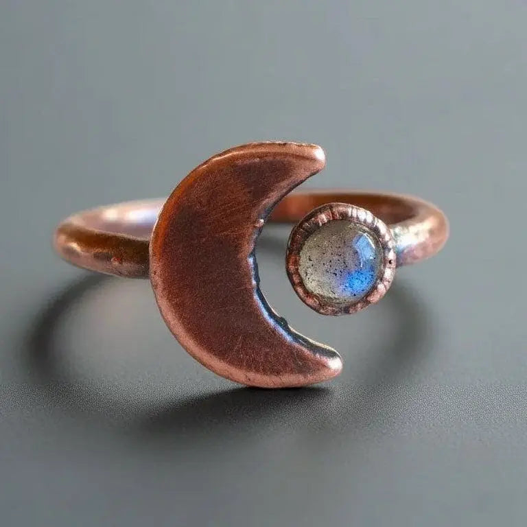 Electroformed Copper Ring: Crescent Moon & Labradorite, Bohemian Jewelry - BlackbirdSageStudio