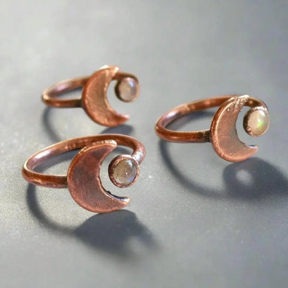 Electroformed Copper Ring: Crescent Moon & Labradorite, Bohemian Jewelry - BlackbirdSageStudio