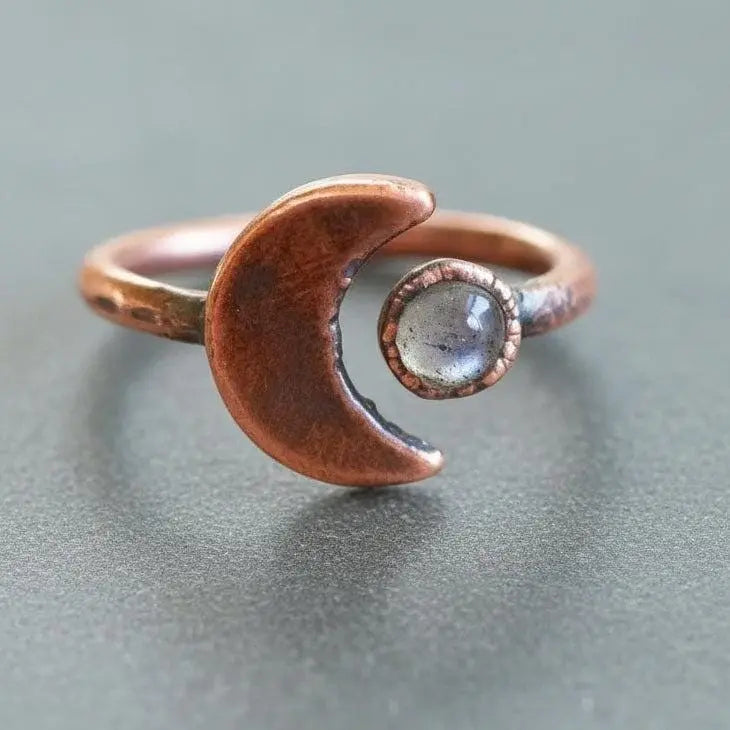 Electroformed Copper Ring: Crescent Moon & Labradorite, Bohemian Jewelry - BlackbirdSageStudio