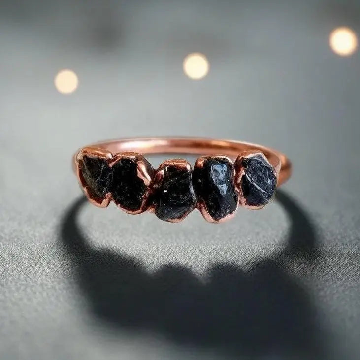 Black Tourmaline Copper Ring: Raw Crystal Multistone Jewelry - BlackbirdSageStudio