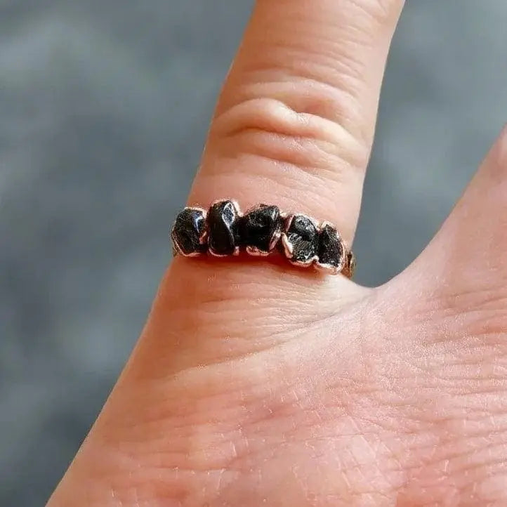 Black Tourmaline Copper Ring: Raw Crystal Multistone Jewelry - BlackbirdSageStudio