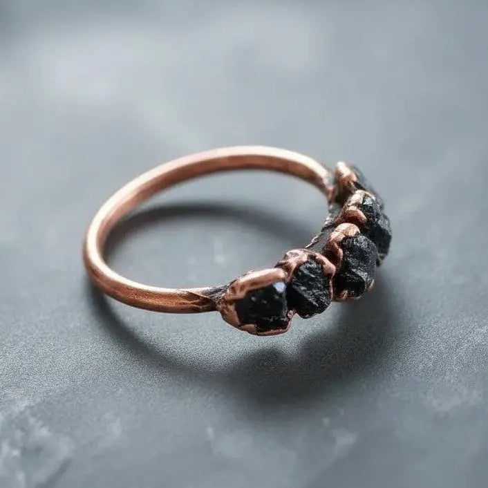 Black Tourmaline Copper Ring: Raw Crystal Multistone Jewelry - BlackbirdSageStudio