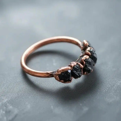 Black Tourmaline Copper Ring: Raw Crystal Multistone Jewelry - BlackbirdSageStudio