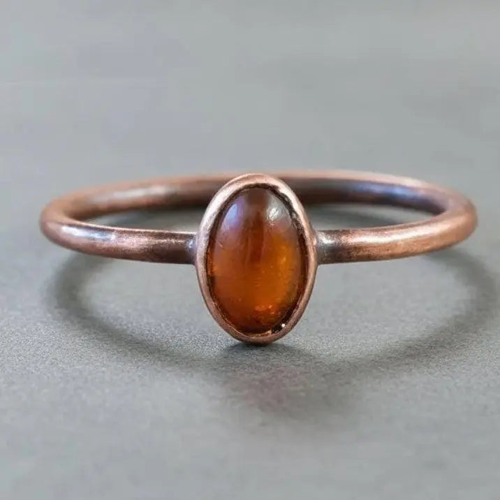 Electroformed Copper Ring: Authentic Baltic Amber Stacking Ring, Crystal Jewelry Gift - BlackbirdSageStudio