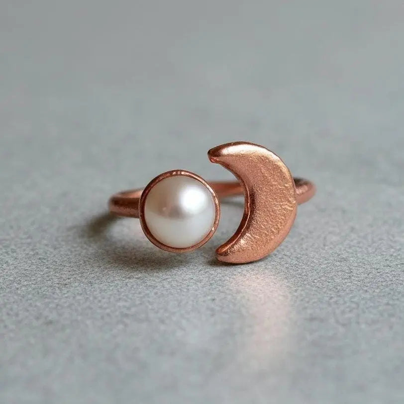 Pearl Crescent Moon Copper Ring: Electroformed Boho Jewelry - BlackbirdSageStudio