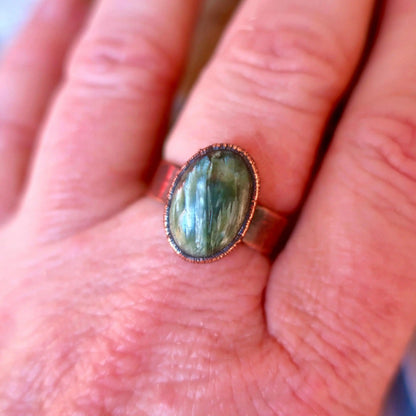 Handmade Seraphinite Ring: Electroformed Copper Wide Band, Boho Statement Jewelry - BlackbirdSageStudio