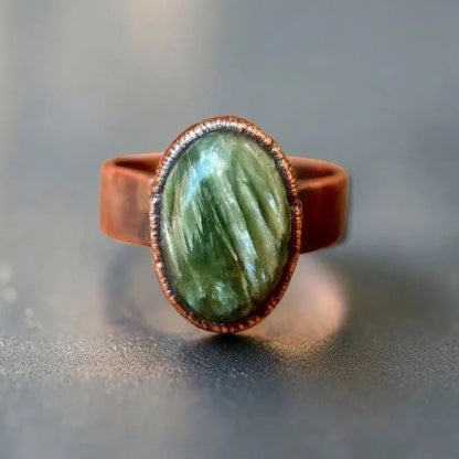 Handmade Seraphinite Ring: Electroformed Copper Wide Band, Boho Statement Jewelry - BlackbirdSageStudio