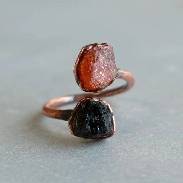 Raw Black Tourmaline Sunstone Copper Ring: Electroformed Open Band - BlackbirdSageStudio