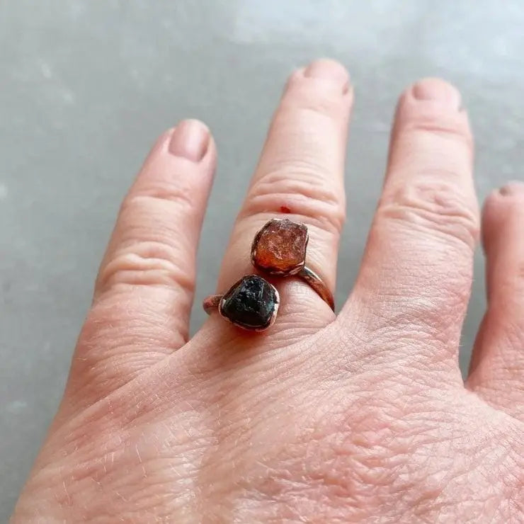 Raw Black Tourmaline Sunstone Copper Ring: Electroformed Open Band - BlackbirdSageStudio