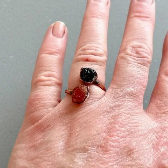 Raw Black Tourmaline Sunstone Copper Ring: Electroformed Open Band - BlackbirdSageStudio