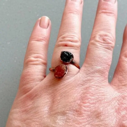 Raw Black Tourmaline Sunstone Copper Ring: Electroformed Open Band - BlackbirdSageStudio