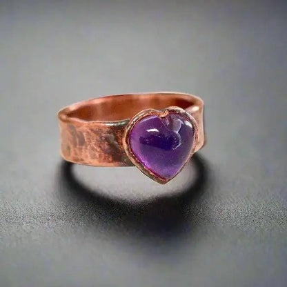 Amethyst Heart Copper Ring: Electroformed Wide Band, February Birthstone Gift - BlackbirdSageStudio