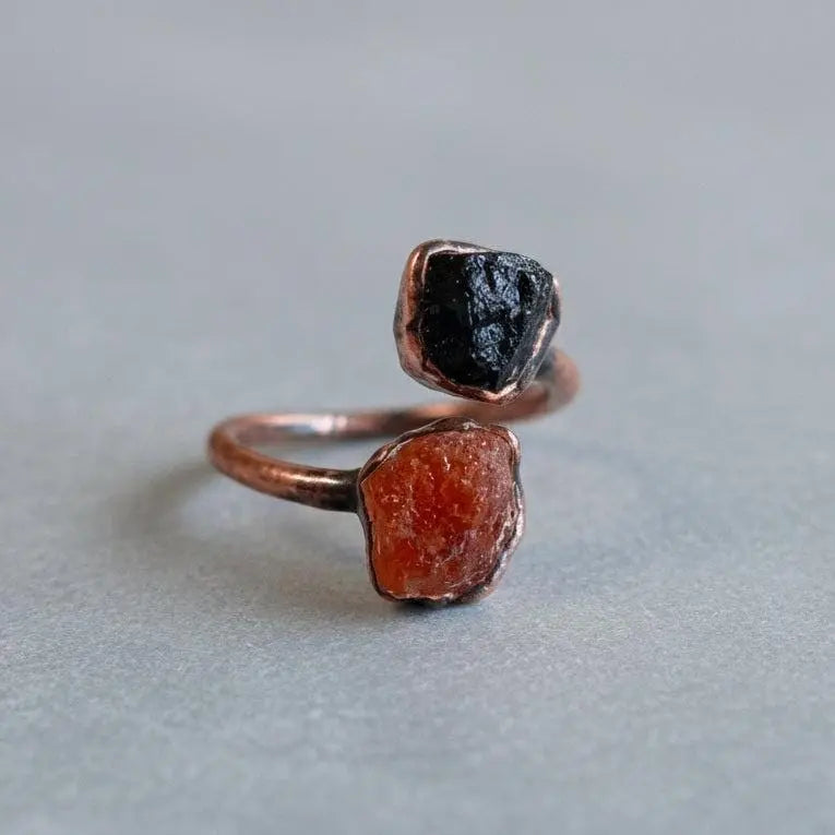 Raw Black Tourmaline Sunstone Copper Ring: Electroformed Open Band - BlackbirdSageStudio