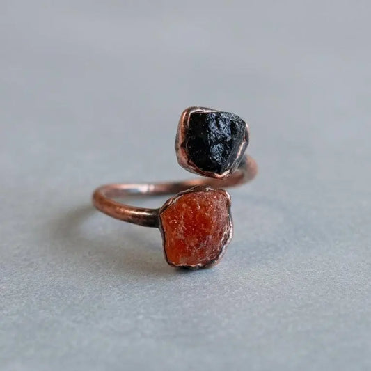 Raw Black Tourmaline Sunstone Copper Ring: Electroformed Open Band - BlackbirdSageStudio