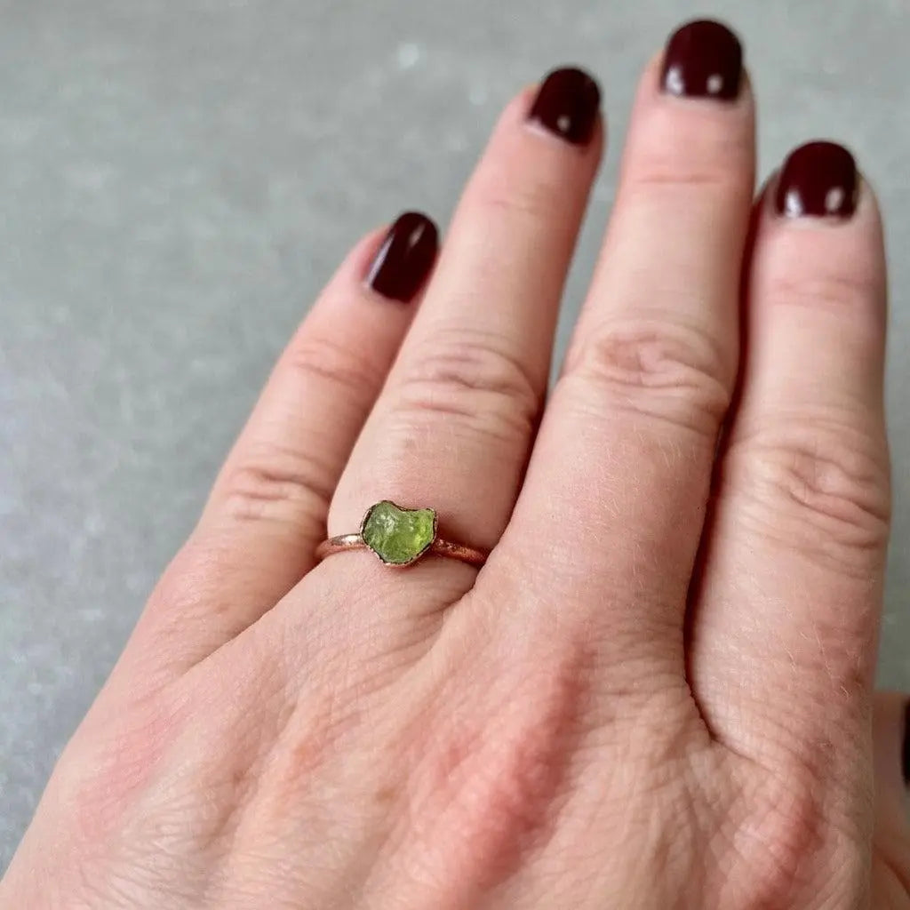 Dainty Raw Peridot Copper Ring: August Birthstone Jewelry, Electroformed Adornments, Bohemian Crystal Jewelry - BlackbirdSageStudio