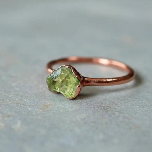 Dainty Raw Peridot Copper Ring: August Birthstone Jewelry, Electroformed Adornments, Bohemian Crystal Jewelry - BlackbirdSageStudio