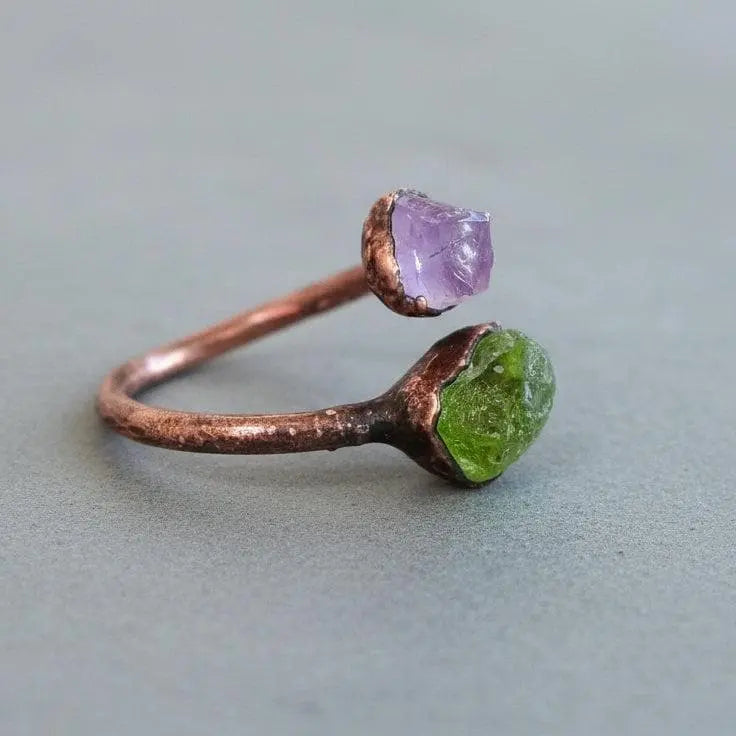 Raw Peridot Amethyst Stone Ring: Electroformed Copper, Handmade Birthstone Jewelry - BlackbirdSageStudio