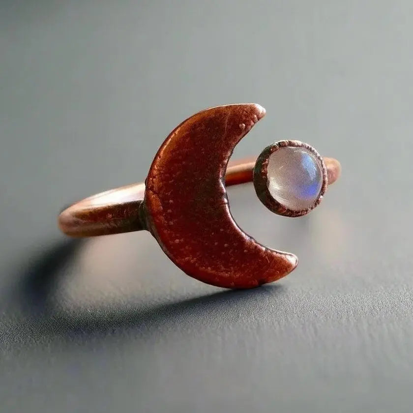 Electroformed Copper Moonstone Ring: Crescent Moon Boho Jewelry - BlackbirdSageStudio