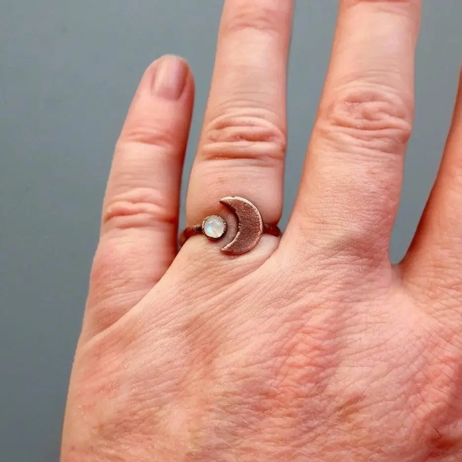 Electroformed Copper Moonstone Ring: Crescent Moon Boho Jewelry - BlackbirdSageStudio
