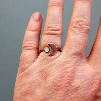 Electroformed Copper Moonstone Ring: Crescent Moon Boho Jewelry - BlackbirdSageStudio