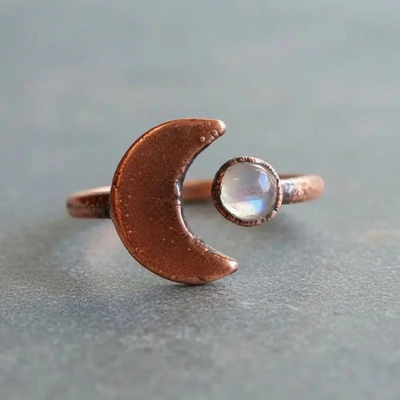 Electroformed Copper Moonstone Ring: Crescent Moon Boho Jewelry - BlackbirdSageStudio