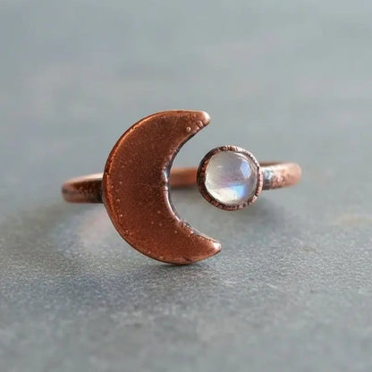 Electroformed Copper Moonstone Ring: Crescent Moon Boho Jewelry - BlackbirdSageStudio