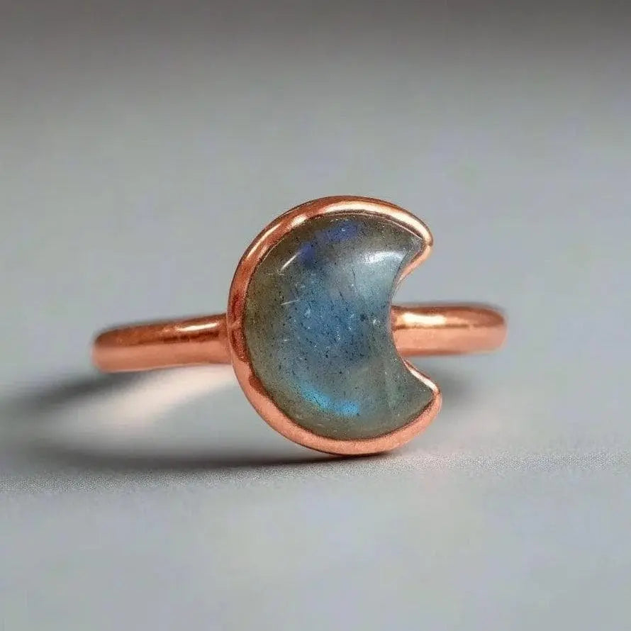 Electroformed Copper Labradorite Crescent Moon Ring - US Size 7 - BlackbirdSageStudio