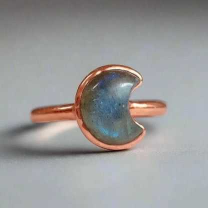 Electroformed Copper Labradorite Crescent Moon Ring - US Size 7 - BlackbirdSageStudio